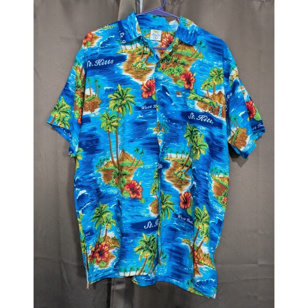 Rima Beach Wear St. Kitts Shirt Mens Palm Tree Tropical Floral Button Down L